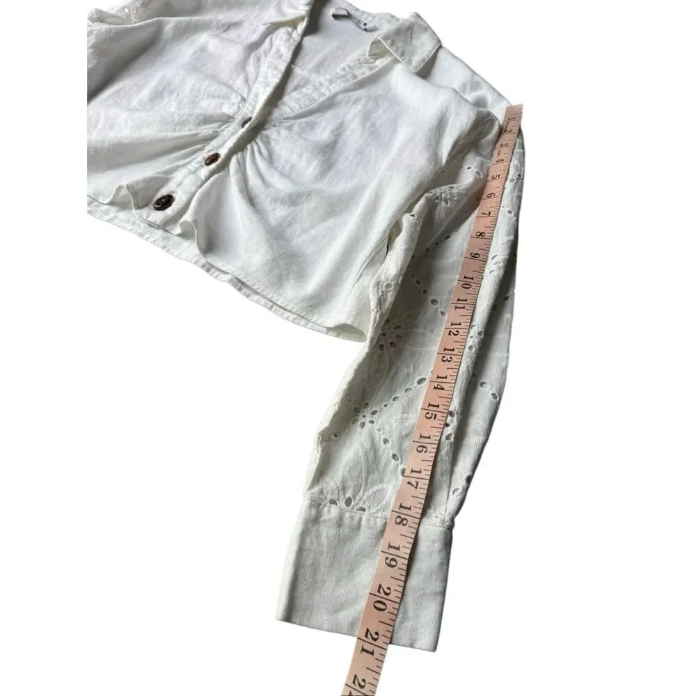ZARA White Linen Blend Eyelet Long Sleeve Crop Top Size M